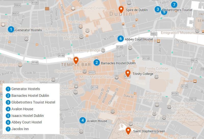 Mapa con los mejores hostels de Dublin